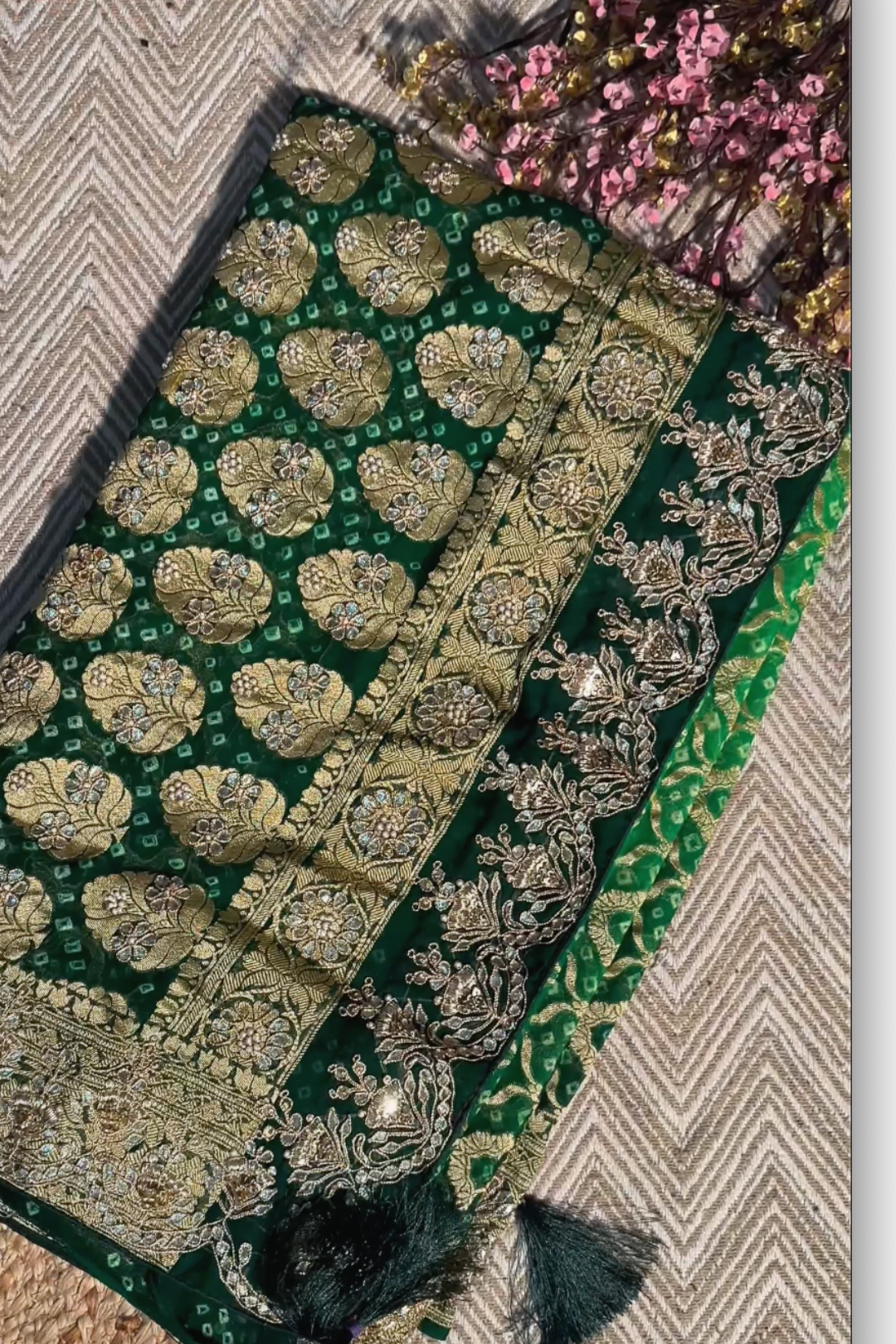 Green Pure Georgette Bandhej Unstitched Saree with Gota, Dabka & Dori Work